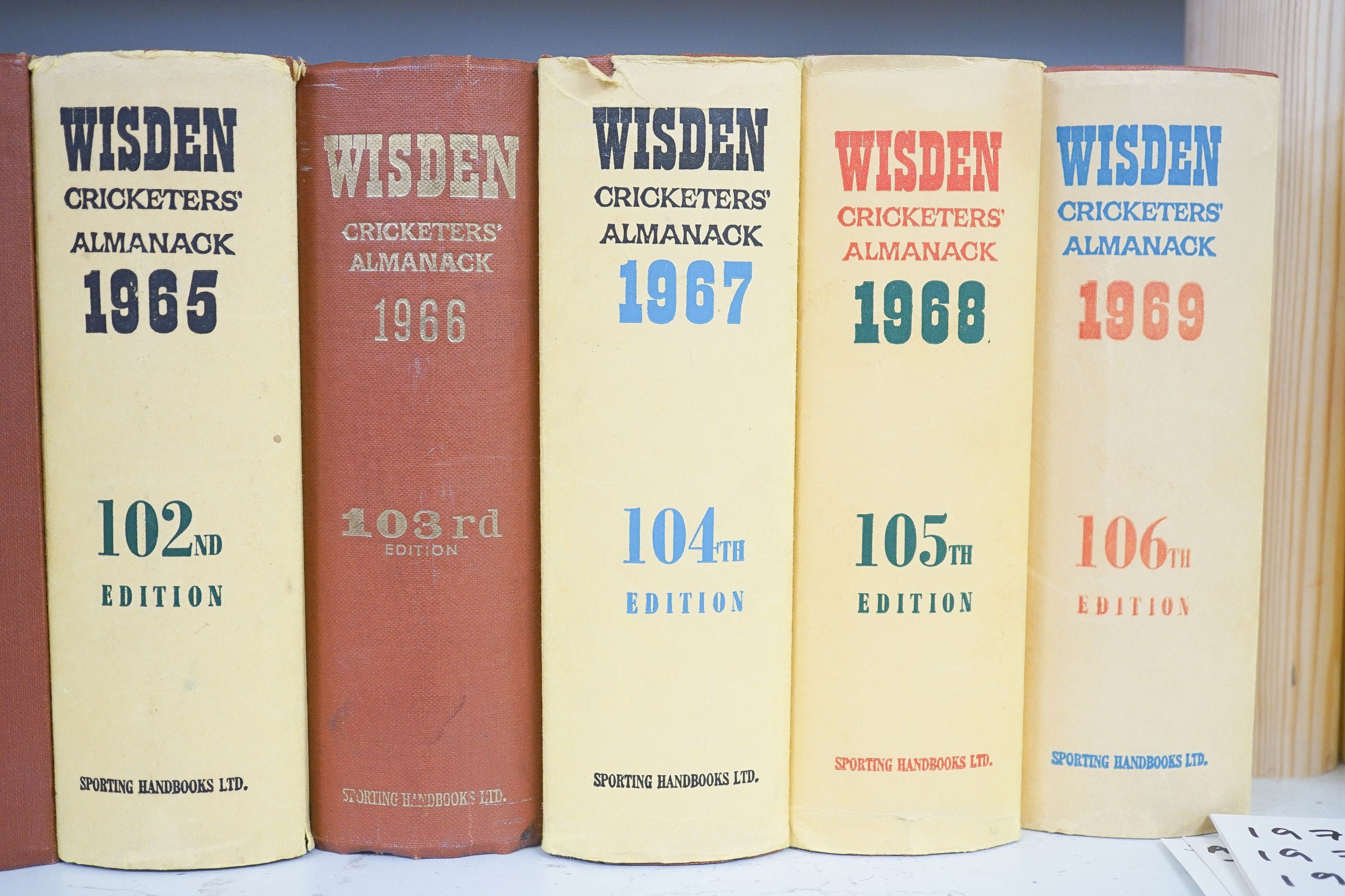 Wisden, John - Cricketers' Almanack, 82 vols, consisting: 1947/48 (soft back), 1949-1964 (hardback, without d/j's), 1965 (hardback with dj), 1966 (hardback, without dj), 1967-2020 (hardbacks, with d/j's), plus duplicates